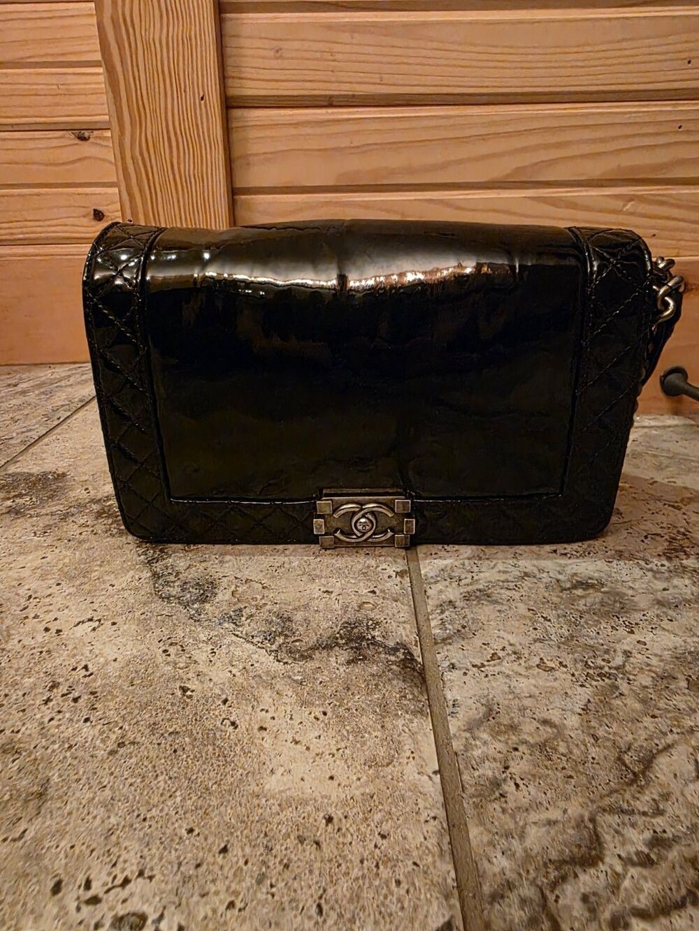 Chanel Black Patent Leather Reverso Boy Flap Bag Medium Antique Colored Hardware